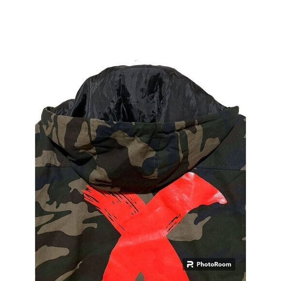 SZS Hooded Camo Jacket XL Canvas Oversized Gorpcore Graphic Print Spellout - Picture 12 of 13
